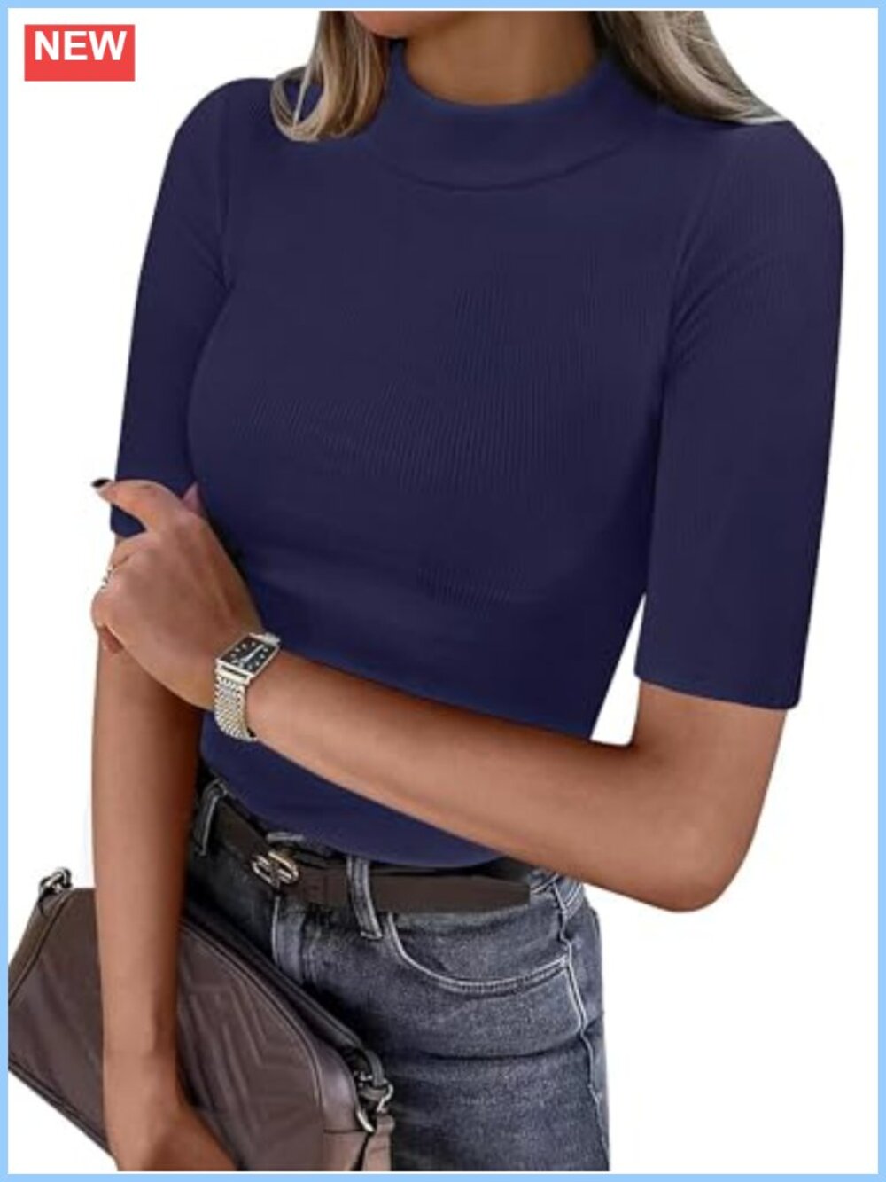 Mock Neck Half Sleeve Ribbed Knit Slim Fit T-Shirt